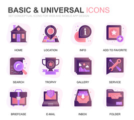 Modern Set Basic Gradient Flat Icons for Website and Mobile Apps. Contains such Icons as Location, Briefcase, Lamp, Support, Business, Award. Conceptual color flat icon. Vector pictogram pack.