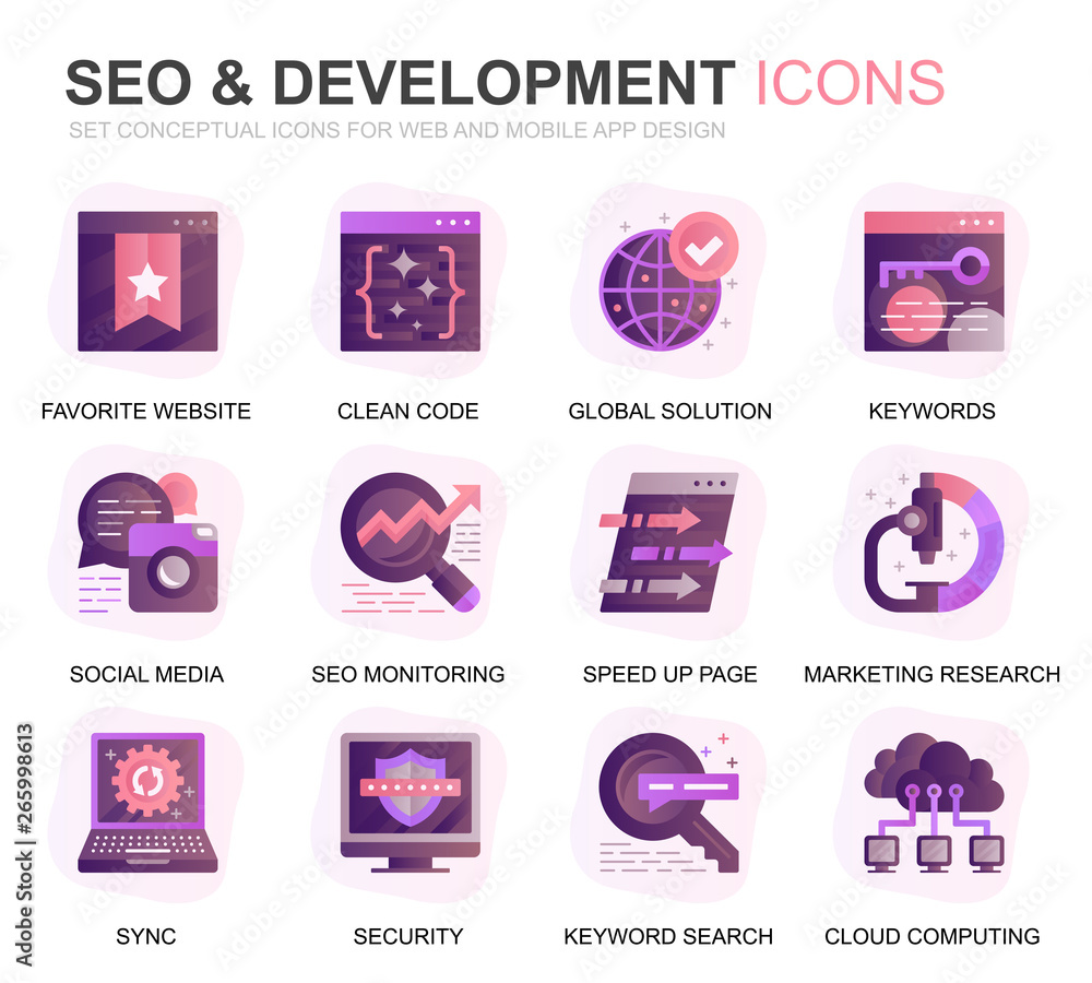 Poster modern set seo and development gradient flat icons for website and mobile apps. contains such icons 