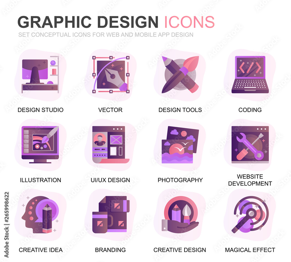 Poster modern set web and graphic design gradient flat icons for website and mobile apps. contains such ico