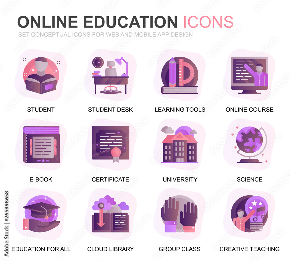 Poster modern set education and knowledge gradient flat icons for website and mobile apps. contains such ic