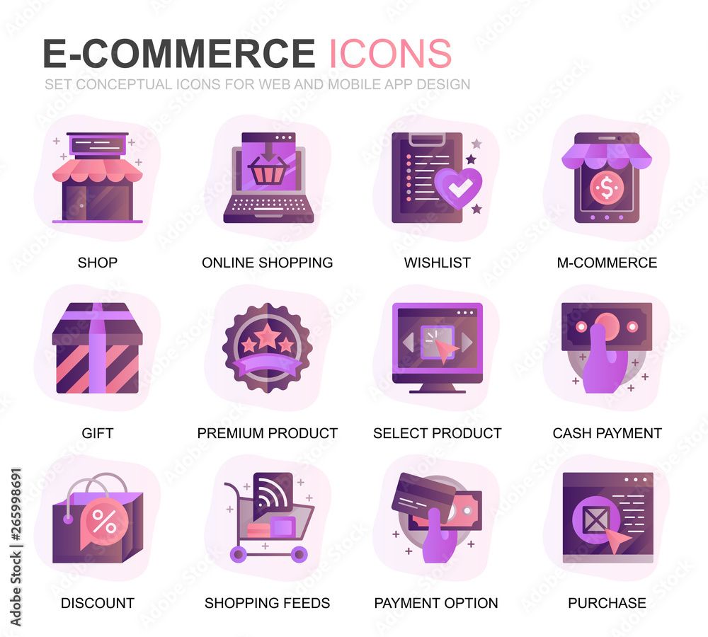 Aufkleber modern set e-commerce and shopping gradient flat icons for website and mobile apps. contains such ic