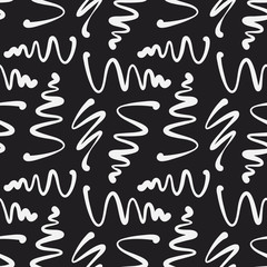 Scribbles and squiggles seamless vector pattern. Hand drawn brush stroke zig zag paint lines in black and white. Decorative texture for print, packaging, wrapping, web. Isolated repetitive tiles. - 265998639