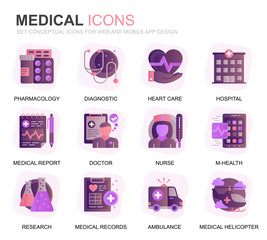 Modern Set Healthcare and Medical Gradient Flat Icons for Website and Mobile Apps. Contains such Icons as Ambulance, First Aid, Research, Hospital. Conceptual color flat icon. Vector pictogram pack.