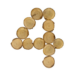 font of number 4 wooden stumps, white background isolated