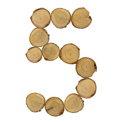 font of number 5 wooden stumps, white background isolated