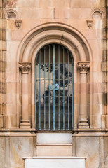 Obraz premium The door of the stone crypt on the Montjuic Cemetery closeup front view, Barcelona, Catalonia, Spain