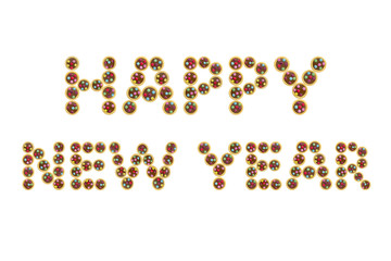colorful cookies glaze, text word happy New Year, white background isolated