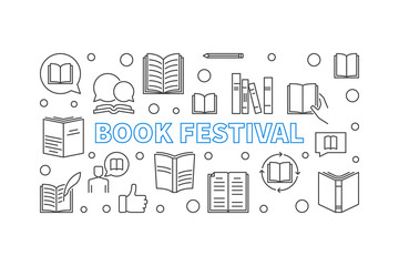 Book Festival concept horizontal banner made with outline books icons. Vector illustration