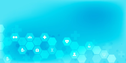 Abstract medical background with flat icons and symbols. Concepts and ideas for healthcare technology, innovation medicine, health, science and research.