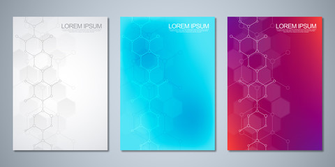 Fototapeta na wymiar Vector templates for cover or brochure with abstract molecular background. Concepts and ideas for medical, healthcare technology, innovation medicine, science.