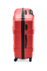 Naklejka premium Modern plastic red suitcase on wheels for business trips