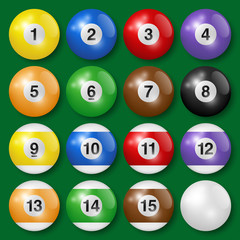 Vector collection of billiard pool or snooker balls with shadows, isolated on green background.