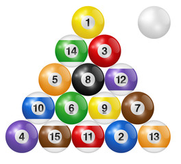 Billiard balls triangle isolated on white background. Three-dimensional and realistic looking vector illustration.