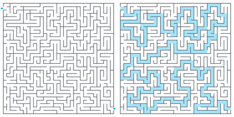 Labyrinth, maze with solution vector illustration. Square maze. High quality vector.
