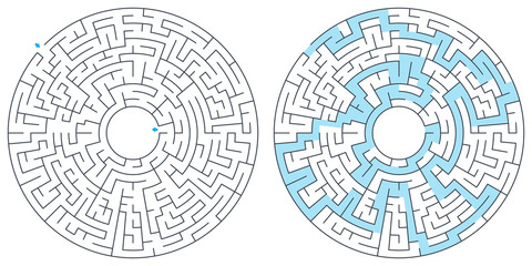 Maze, labyrinth with solution, vector illustration. Round, circular maze. High quality vector.