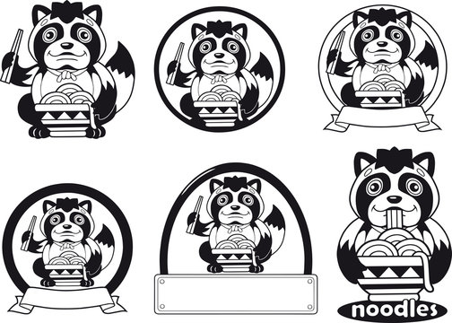 little cute tanuki eats noodles ramen, logo design illustration