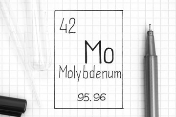 Handwriting chemical element Molybdenum Mo with black pen, test tube and pipette.