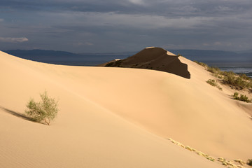 Fototapeta na wymiar Gold dunes at Singing Sand Dune Altyn Emel Park with Ili river and Violet mountains Kazakhstan