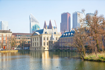 View of the Hofvijver / Court Pond adjoined by museum Mauritshuis and the Binnenhof (Inner court)...