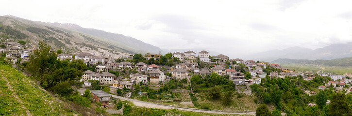 Fototapeta na wymiar Gjirokastra or Gjirokaster, Albania. Typical architecture in the old town. Gjirokastra is a UNESCO World Heritage Site.