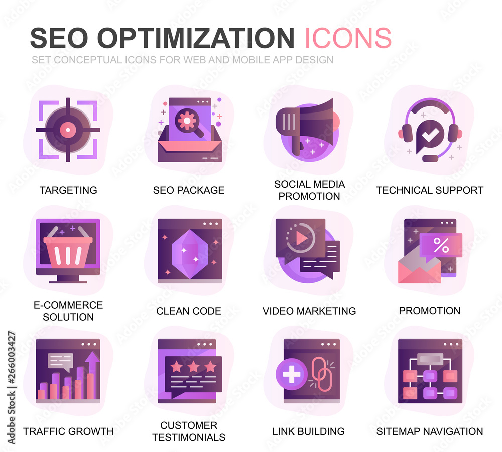 Poster Modern Set Seo and Web Optimization Gradient Flat Icons for Website and Mobile Apps. Contains such Icons as Target, Marketing, Traffic Growth. Conceptual color flat icon. Vector pictogram pack.