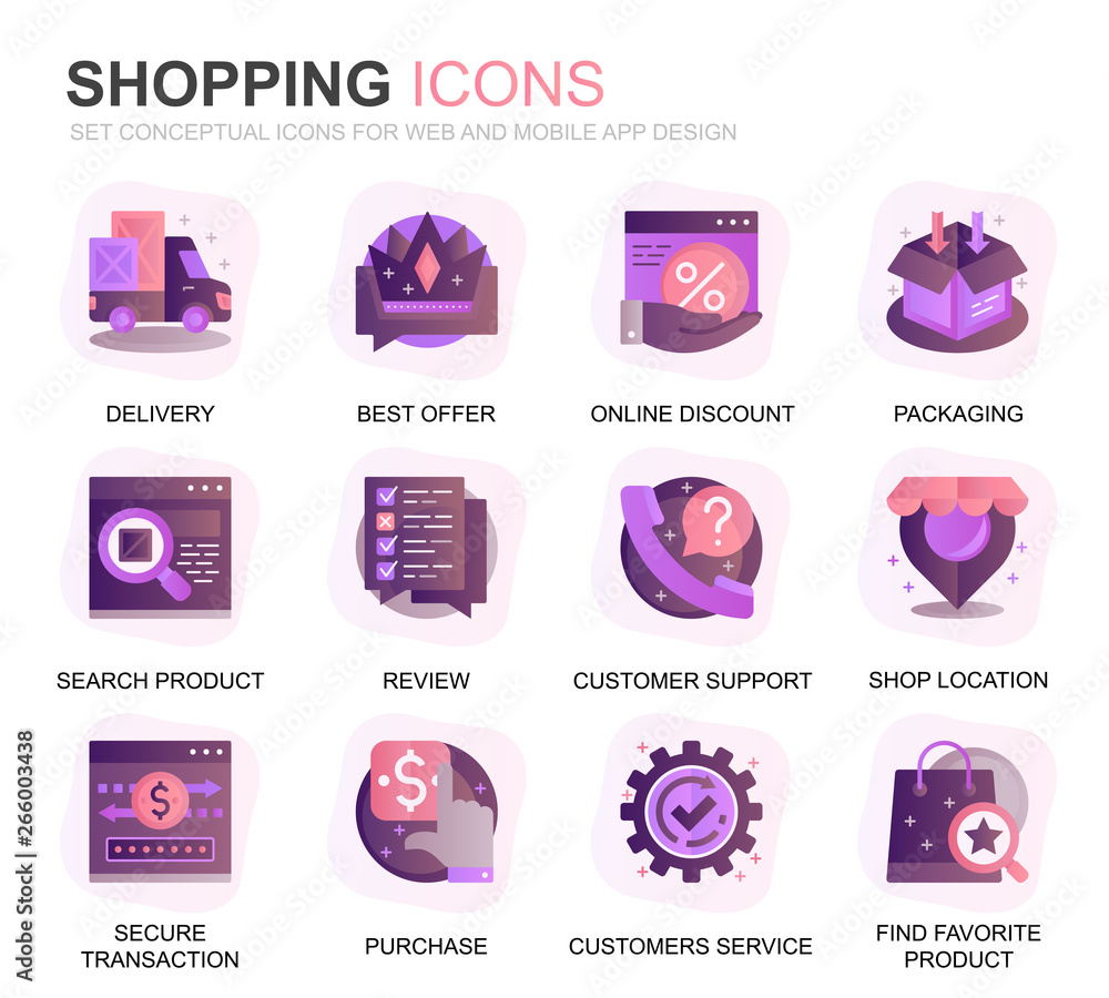 Aufkleber modern set shopping and e-commerce gradient flat icons for website and mobile apps. contains such ic