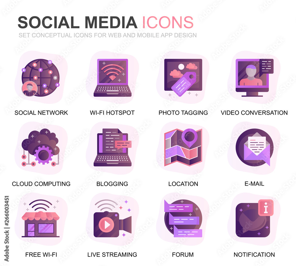 Fototapete modern set social media and network gradient flat icons for website and mobile apps. contains such i