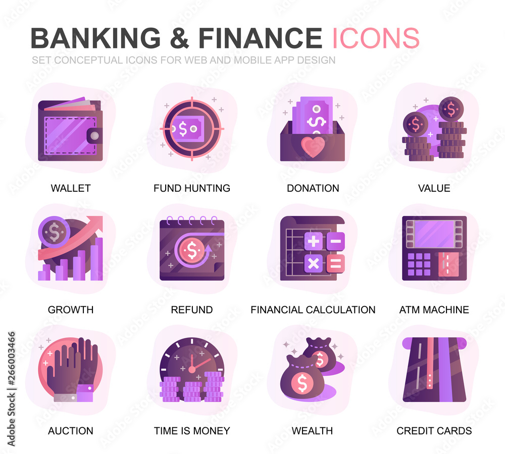 Fototapete modern set banking and finance gradient flat icons for website and mobile apps. contains such icons 