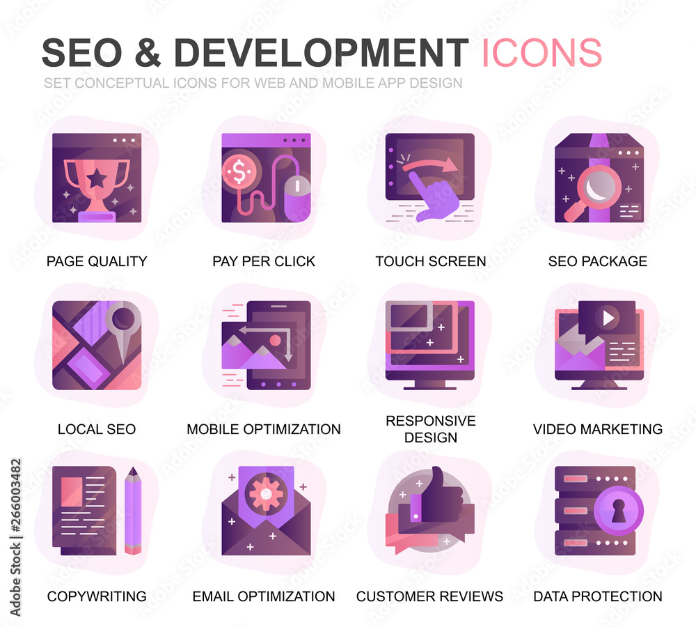 Poster modern set seo and development gradient flat icons for website and mobile apps. contains such icons 
