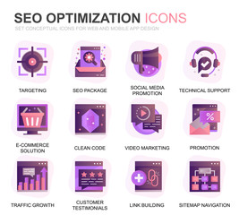 Modern Set Seo and Web Optimization Gradient Flat Icons for Website and Mobile Apps. Contains such Icons as Target, Marketing, Traffic Growth. Conceptual color flat icon. Vector pictogram pack.