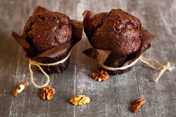 Homemade chocolate muffins with walnuts. Perfect breakfast.