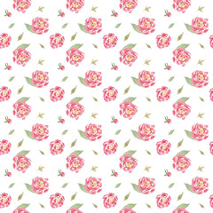  seamless hand drawn beautiful watercolor floral pattern with peonies on white background