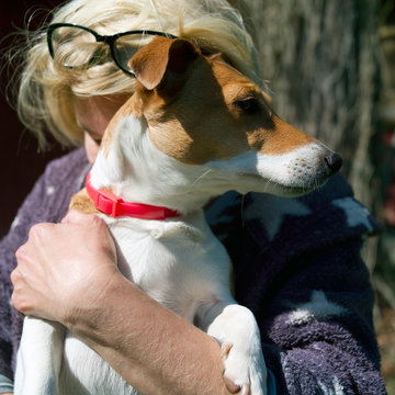 woman hugging a jack russel terrie
