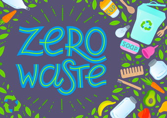 Obraz premium Zero waste concept.Vector illustration with lettering,vegetables,fruits,garbage can,glass jars,wooden cutlery,comb and toothbrush,menstrual cup,thermo mug.Round composition.Zero waste principals.