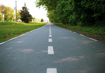 Fototapeta na wymiar road in the park lines start finish bicycle road stripes life green road