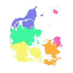 Vector isolated illustration of simplified administrative map of Denmark. Borders of the regions. Multi colored