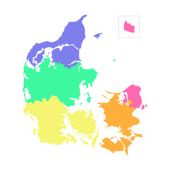 Obraz premium Vector isolated illustration of simplified administrative map of Denmark. Borders of the regions. Multi colored