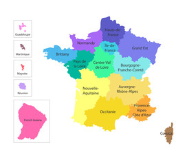 Vector isolated illustration of simplified administrative map of France. Borders and names of the regions