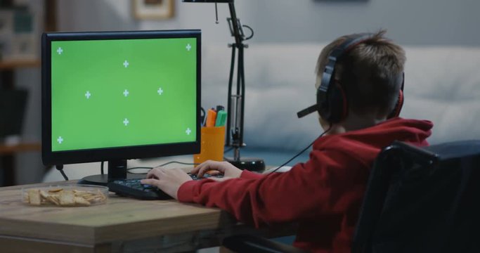 Wheelchaired boy using computer