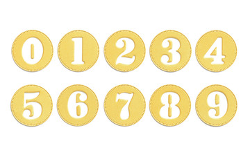 Figures 0 1 2 3 4 5 6 7 8 9 cut out in golden circles in the form of coins. Alphabet Font...