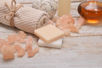 home spa for mother's day, natural soaps, bath salt and oils for face and cleavage, sparkling bath ball with free space for text