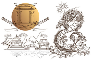 A set of outline black and white illustrations with sketches of tattoos on the theme of the Japanese fanart.