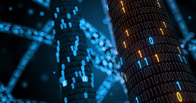 Abstract blue and orange digital binary code matrix background with flare. Futuristic Big data information technology, data center, block chain, server, internet, hi-speed. 3D rendering