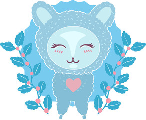 Cute little lama, alpaca character with flowers cartoon doodle vector illustration isolated on white background