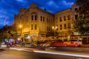 Fototapeta na wymiar Abstract light flares highlight downtown Asheville.