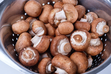 Braune Champignons in Sieb