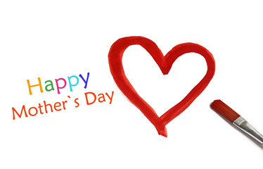 happy mothers day, red heart shape painted with watercolors
