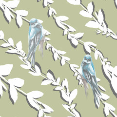 Watercolor magnolia and sakura flowers with green leaves and bird seamless pattern on a blue background.