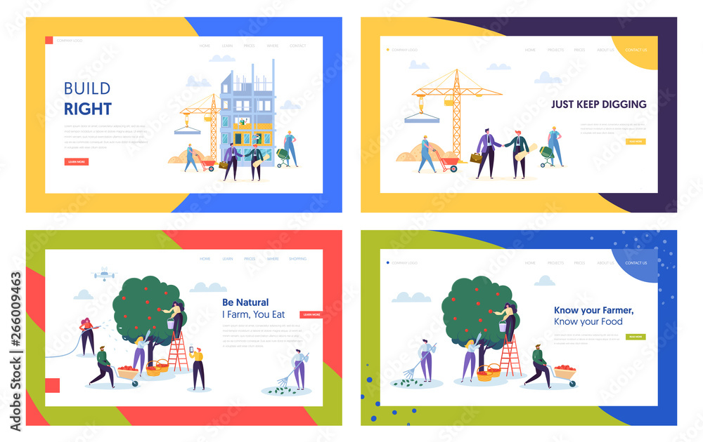 Poster gardening and building process website landing page templates set. people collecting ripe apple from