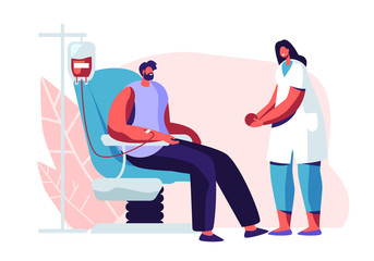 Female Nurse Character Receiving Blood and Giving Rubber Ball to Male Donor Sitting in Medical Chair. Healthcare and Charity. Transfusion Blood Donation Laboratory. Cartoon Flat Vector Illustration